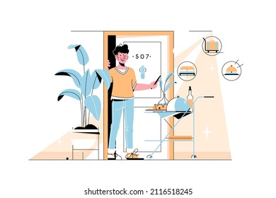 Man glad with hotel service vector illustration. Luxury resort with five starts flat style. Good service, all inclusive and good stay concept. Isolated on white background