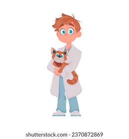 A man is glad and looks after animals, including a really cute cat. Vector Illustration.