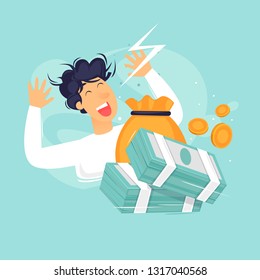 Man is glad a lot of money, success, good luck. Flat design vector illustration.