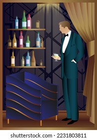 A man with a glass of alcohol on the background of the bar shelves with alcohol. Vector illustration