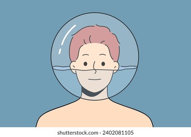 Man with glass ball filled with water on head for concept of psychological problems and need for psychiatrist intervention. Man with face immersed in transparent aquarium smiles looking at screen