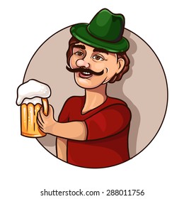 Man with a glass of beer. Hand drawn man isolated on white background. Design element for beer. Vector illustration of man icon. Beer logo. Beer man.