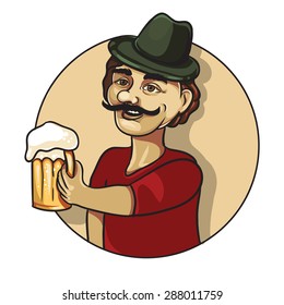 Man with a glass of beer. Hand drawn man label isolated on white background. Design element for beer. Vector illustration of man icon with beer. Beer logo. Beer man.