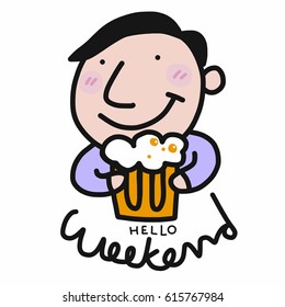 Man and glass of beer and happy weekend word cartoon vector illustration