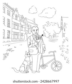 A man with a glass of Belgian beer and Belgian French fries in his hands, a Belgian bicycle, and a Belgian shepherd dog in the cityscape. Black and white vector illustration, coloring book.  svg