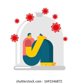 Man in Glass bell Isolation from coronavirus. Quarantine from virus. Pandemic.