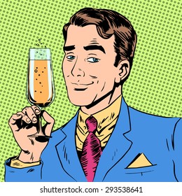 A man with a glass of champagne rendezvous toast the occasion. The elegant gentleman with wine