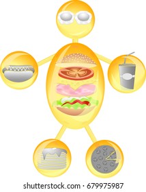 Man from glass spheres and tubes with icons / person fast food / vector