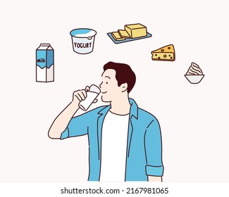 Mann mit einem Glas leckerer Milch. Handgezeichnete Vektordesign-Illustrationen.