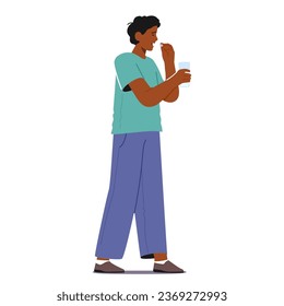 Man, With A Glass Of Water In Hand, Takes A Pill. His Focused Expression Reflects A Simple Act Of Self-care, Ensuring His Wellbeing. Male Character Apply Medication. Cartoon People Vector Illustration