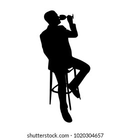 A man with a glass of wine, sitting on a bar chair, a silhouette on a white background