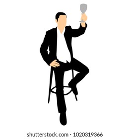 A man with a glass of wine, sitting on a bar chair, a silhouette on a white background