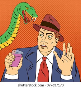 Man with Glass of Wine. Stop Drinking. Alcohol Snake Addiction. Social Advertising. Pop Art Banner. Vector illustration