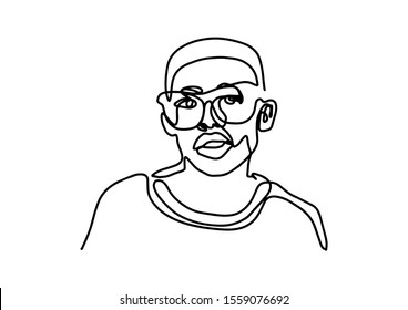 A man with glasses of African ethnicity.Continuous line,drawing of set faces and hairstyle. Fashion concept. Human beauty minimalist.Vector illustration for t-shirt, photo design print graphics style.