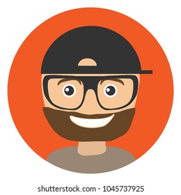 Man with glasses beard and cap. Flat design vector illustration.
