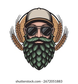 Hombre con gafas y barba en forma de lúpulo. Ilustración vectorial