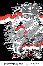 man with glasses and beard with indonesia flags on illustration doodle style
