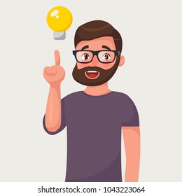 Man in glasses with beard and a raised finger and bulb. Concept of a idea. Vector illustration in cartoon style Concept of a idea.
