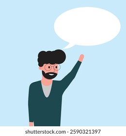 A man with glasses and a beard raises his hand with an empty speech bubble ready for customization.Description