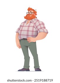 Homem de óculos com barba. O cara ruivo de pé confiante em uma postura relaxada e sorrindo. Ele usa uma camisa xadrez, calças e sapatos. Personagem de desenho animado. Traje casual. Ilustração de vetor plano