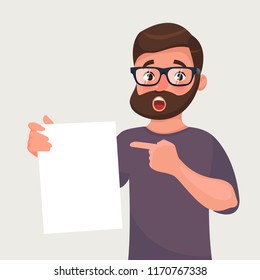 Man in glasses with beard shows a sheet of paper with the contract or other document. Vector illustration in cartoon style.