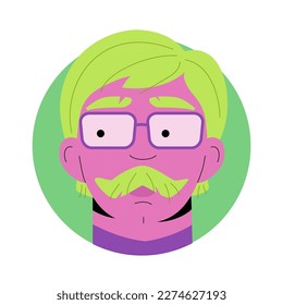 Hombre con gafas de avatar de colores brillantes. Hombre de edad media con pelo verde y bigote. Un retrato gracioso. Ilustración de color vibrante vector plano aislada en fondo blanco.