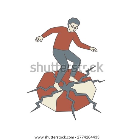 A man with glasses carefully balances on a red and white geometric object that is cracking and breaking apart, illustrating instability and risk.
