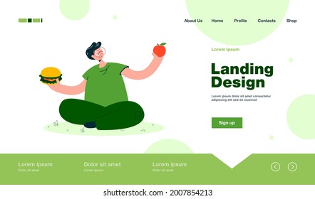 Hombre con gafas eligiendo entre fruta y comida basura. Caricatura que sostiene ilustración vectorial plana de manzana y hamburguesa. Estilo de vida saludable, dieta, elección, concepto de comida para banner, diseño de sitios web