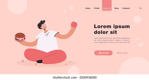 Mann in der Brille Wahl zwischen Obst und Junk Food. Cartoon-Charakter, der Apfel und Hamburger flache Vektorgrafik hält. Gesunder Lebensstil, Ernährung, Auswahl, Lebensmittelkonzept für Banner, Website-Design