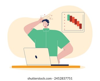 The man with glasses is dizzy because the crypto currency chart is down. Character design. Vector flat illustration