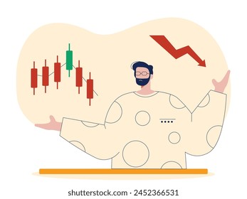 The man with glasses is dizzy because the stock has dropped in price. Character design. Vector flat illustration