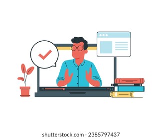 Man in glasses doing communication at the laptop screen. Flat vector for digital native illustration.