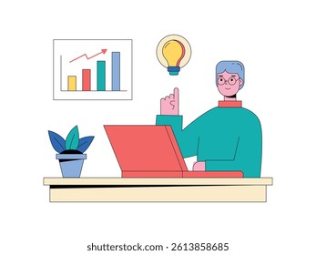 Man with glasses doing digital research using laptop, getting idea. Design character. Vector flat illustration