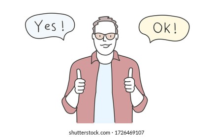 Man with glasses doing thumb up. Speech bubble ok, yes. Hand drawn vector illustration.