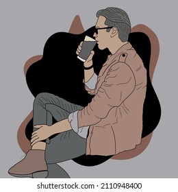 a man with glasses enjoying a drink, logo