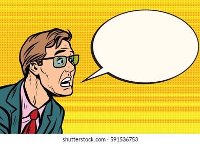 The man in glasses face panic. Pop art retro vector illustration