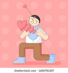 A man with glasses feeling so in love with hearts come out