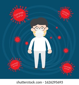 Man in glasses feeling sick, coughing, wearing protective mask against transmissible infectious diseases and as protection. New coronavirus 2019-nCoV from China