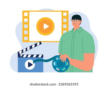 Man in glasses is a film crew member, participating in filming with the rest of the crew, film industry vector illustration.