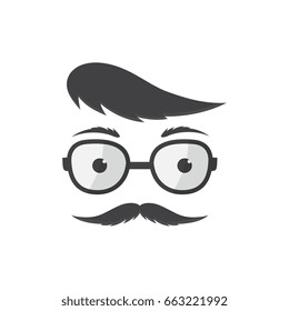Man in glasses with a forelock and mustache vector icon.