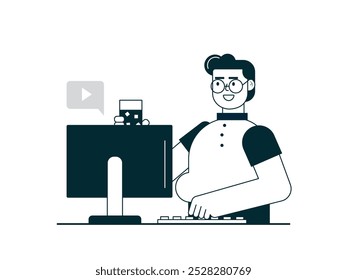 Man with glasses in front of computer watching video content while drinking iced coffee. Character design. Vector flat illustration