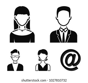 A man with glasses, a girl with a bang, a girl with earrings, a businessman.Avatar set collection icons in black style vector symbol stock illustration web.