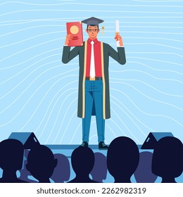 Man with glasses graduate students standing on stage and audience silhouette Flat style vector illustration