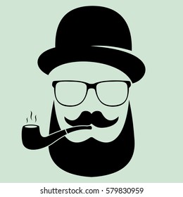 Man with glasses and a hat with a pipe, a mustache. Hipster. Flat design. Vector logotype