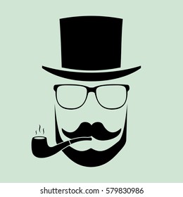 Man with glasses and a hat with a pipe, a mustache. Hipster. Flat design. Vector logotype