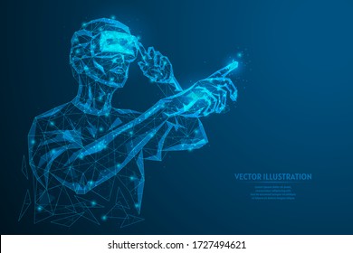 Man with glasses, helmet of additional virtual reality. Online studies, data analysis, diagnostics, science, VR games. Innovative gaming entertainment technology. 3d low poly vector illustration.