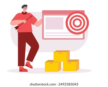 Man with glasses holding arrow, marketing website for product. Character design. Vector flat illustration