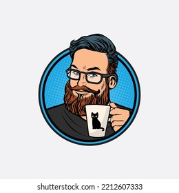 Man with a glasses holding coffe inside a circle and blue background. coffee shop or co-working space logo.