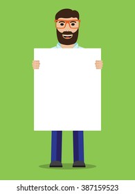 Man with glasses holding placard, vector illustration.