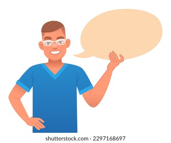 Man with glasses holds an empty speech bubble. The concept of personal opinion. Vector illustration on a white background.